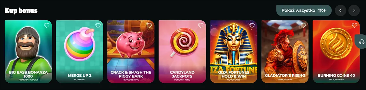 Online casino bonus buy section in Polish showing a horizontal carousel of game tiles, including Big Bass Bonanza 1000, Merge Up 2, Crack & Smash the Piggy Bank, Candyland Jackpots, 7 Fortunes Hold & Win, Gladiator’s Rising, and Burning Coins 40.